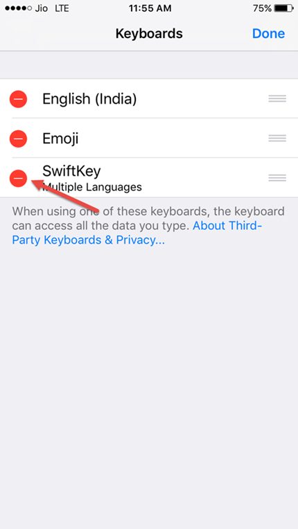 swipe to delete the third party keyboard