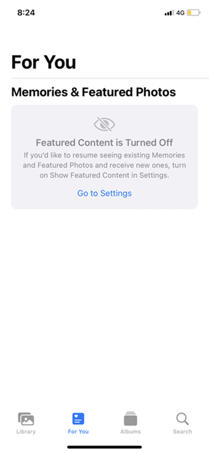 For you tab in iPhone photos app when memories is turned off