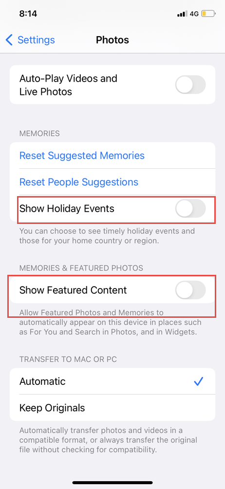 disable show featured content to turn off memories on iphone
