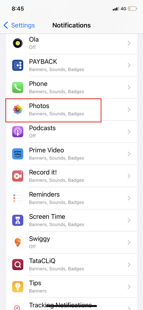 tap on photos in the settings app to turn off memories on iphone 