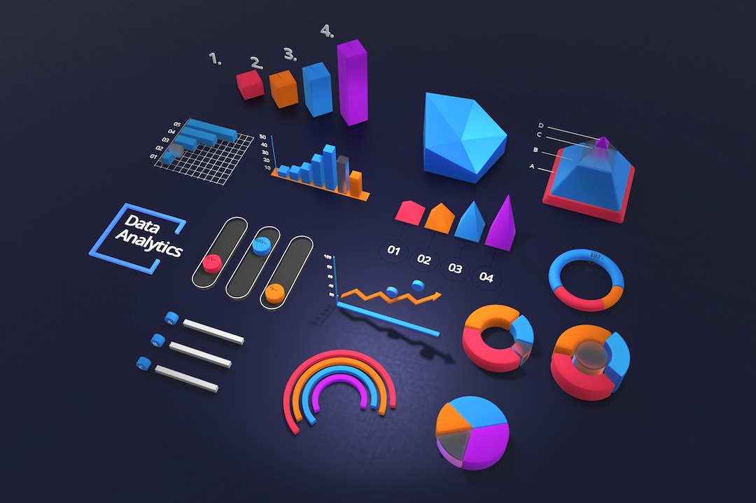 An overhead 3D view of different types of computer-generated data analysis charts.