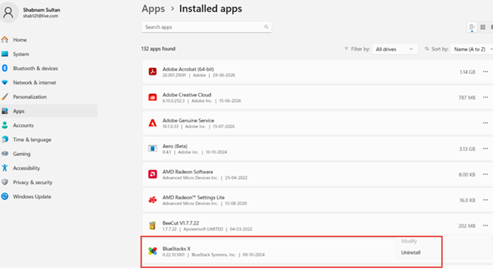 click on uninstall apps
