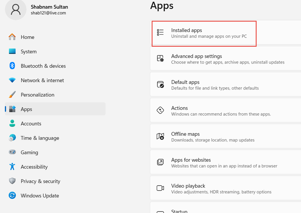 from settings on windows go to installed apps