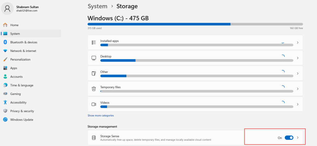 turn on storage sense to speed up windows