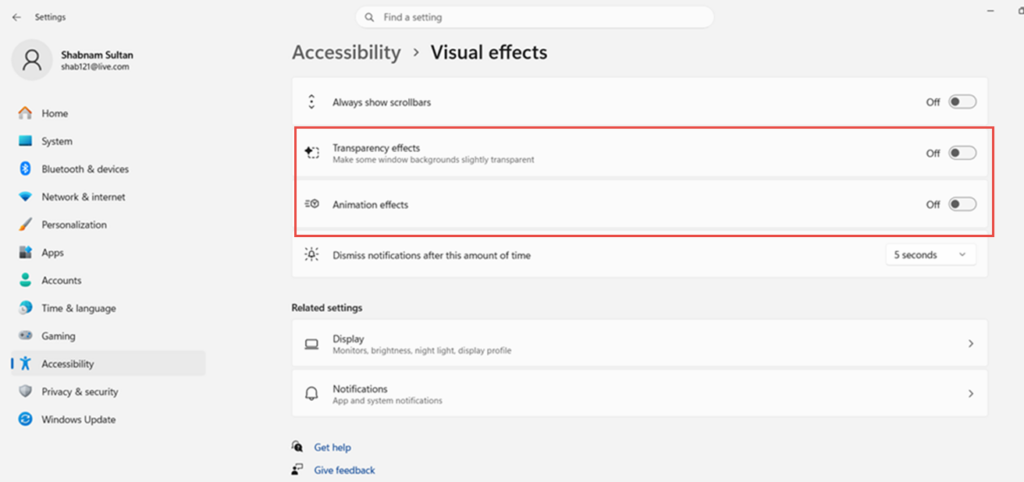 visual effect settings in windows 11