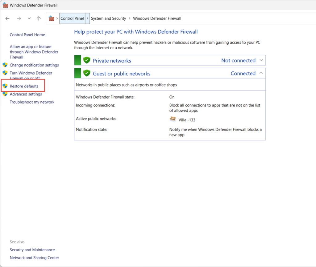 Reset Firewall from Control Panel by restore defaults