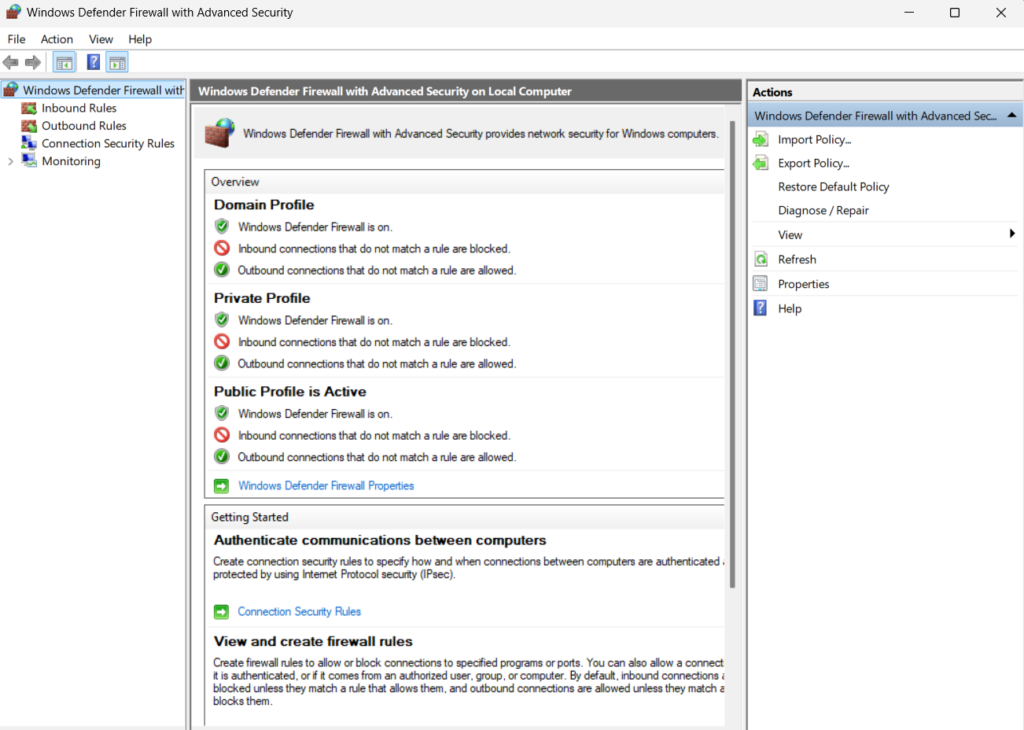 Windows Defender Firewall with Advanced Security to reset Firewall